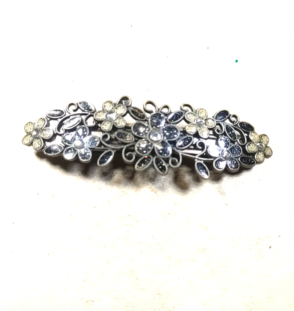 Hair Barrettes Tension Clip Silver Pewter Tone Glitter Black White Rhinestone